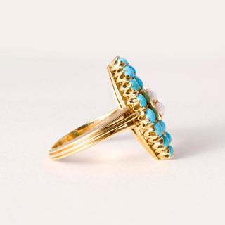 Vintage 18K Rose Gold Turquoise and Pearl Navette Ring