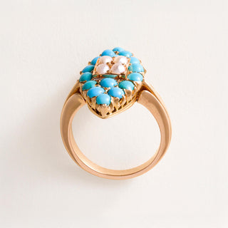 Vintage 18K Rose Gold Turquoise and Pearl Navette Ring