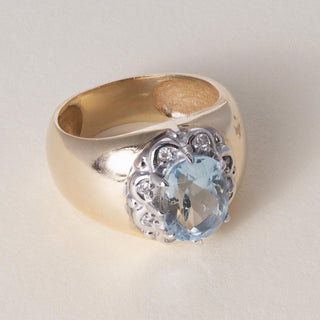 Vintage 14K Gold 2.50 Carat Aquamarine Oval and Diamond Wide Band Ring