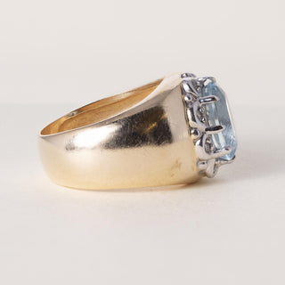 Vintage 14K Gold 2.50 Carat Aquamarine Oval and Diamond Wide Band Ring