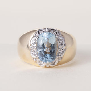 Vintage 14K Gold 2.50 Carat Aquamarine Oval and Diamond Wide Band Ring
