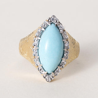 Vintage Italian 18K Gold Turquoise Cabochon and Diamond Navette Ring