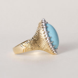 Vintage Italian 18K Gold Turquoise Cabochon and Diamond Navette Ring