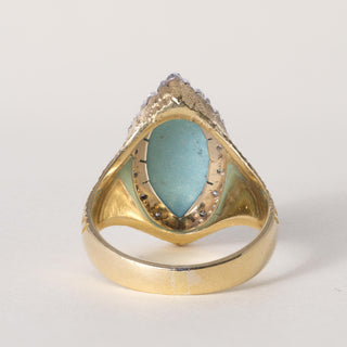 Vintage Italian 18K Gold Turquoise Cabochon and Diamond Navette Ring