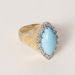 Vintage Italian 18K Gold Turquoise Cabochon and Diamond Navette Ring