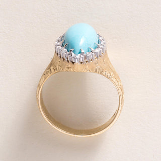 Vintage Italian 18K Gold Turquoise Cabochon and Diamond Navette Ring