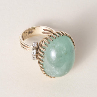 Vintage 14K Gold 35 Carat Emerald Cabochon and Diamond Dome Cocktail Ring