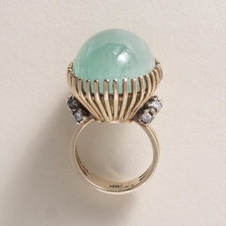 Vintage 14K Gold 35 Carat Emerald Cabochon and Diamond Dome Cocktail Ring
