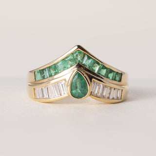 18K Gold Emerald Pear Shape and Diamond Channel Set Ring Band