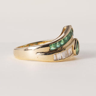 18K Gold Emerald Pear Shape and Diamond Channel Set Ring Band