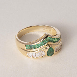 18K Gold Emerald Pear Shape and Diamond Channel Set Ring Band