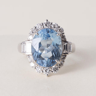 Vintage Platinum 6.47 Carat Oval Cut Aquamarine and Diamond Ring