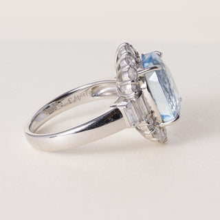 Vintage Platinum 6.47 Carat Oval Cut Aquamarine and Diamond Ring