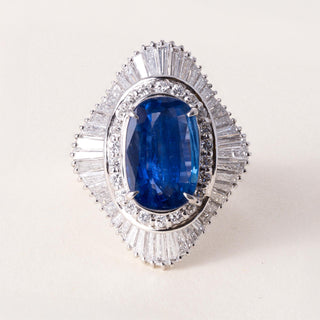 Vintage Plat 4.19 Carat Elongated Oval Sapphire and Diamond Ballerina Ring GIA