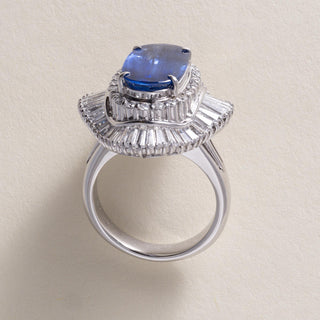 Vintage Plat 4.19 Carat Elongated Oval Sapphire and Diamond Ballerina Ring GIA