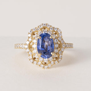 18K Gold 2.01 Carat Sapphire Oval and Diamond Floral Halo Ring