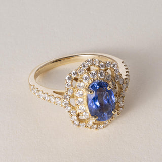 18K Gold 2.01 Carat Sapphire Oval and Diamond Floral Halo Ring