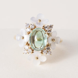 18K Gold Tourmaline Cabochon and Mother of Pearl Flower Ring