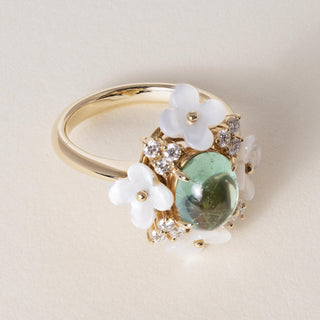 18K Gold Tourmaline Cabochon and Mother of Pearl Flower Ring