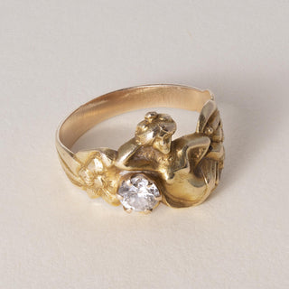 Art Nouveau 14K Diamond Lady Nymph Floral Ring