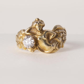 Art Nouveau 14K Diamond Lady Nymph Floral Ring