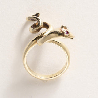 Vintage 18K Gold Coiled Serpent with Ruby Eyes Ring