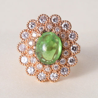 14K Rose Gold 3.95ct Tsavorite Cabochon Diamond Floral Ring