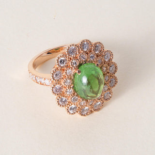 14K Rose Gold 3.95ct Tsavorite Cabochon Diamond Floral Ring