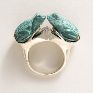 Vintage 14K Malachite and Diamond Kissing Frogs Artisan Ring