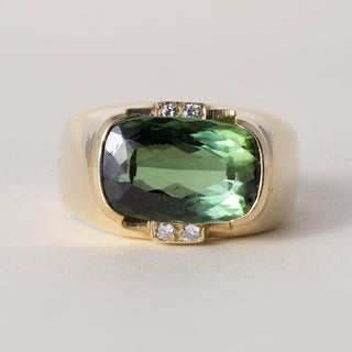Vintage 18K Gold Green Tourmaline Elongated Cushion and Diamond Ring