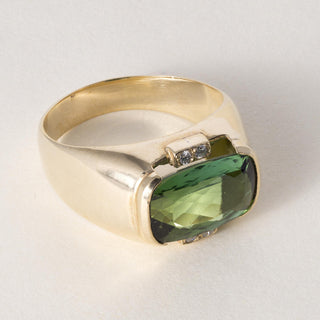 Vintage 18K Gold Green Tourmaline Elongated Cushion and Diamond Ring