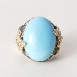 18K Gold 21.17 Carat Turquoise Oval Sapphire and Diamond Floral Ring