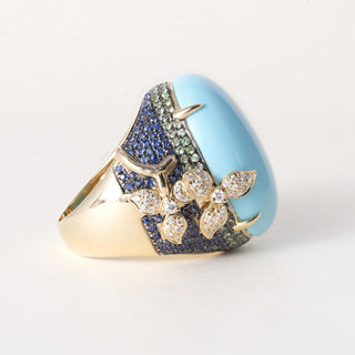 18K Gold 21.17 Carat Turquoise Oval Sapphire and Diamond Floral Ring
