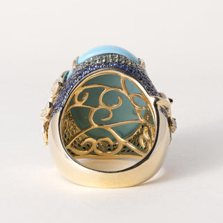 18K Gold 21.17 Carat Turquoise Oval Sapphire and Diamond Floral Ring
