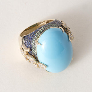 18K Gold 21.17 Carat Turquoise Oval Sapphire and Diamond Floral Ring