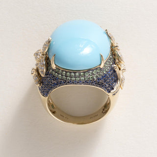 18K Gold 21.17 Carat Turquoise Oval Sapphire and Diamond Floral Ring