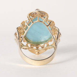 Vintage 14K Gold 19 Carat Turquoise Pear Shape and Diamond Cocktail Ring