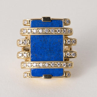 Vintage 18K Gold 9.03 Carat Lapis Lazuli and Diamond Sculptural Statment Ring