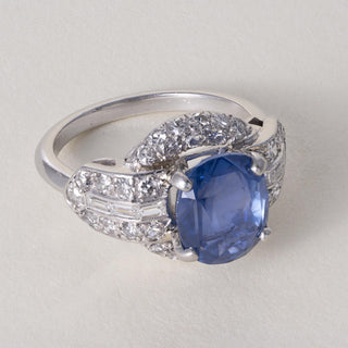 Art Deco Platinum 3 Carat No Heat Blue Sapphire Oval  GIA Diamond Ring