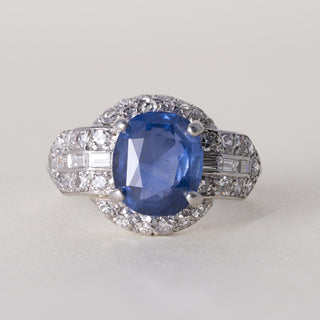 Art Deco Platinum 3 Carat No Heat Blue Sapphire Oval  GIA Diamond Ring