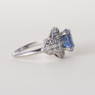 Art Deco Platinum 3 Carat No Heat Blue Sapphire Oval  GIA Diamond Ring