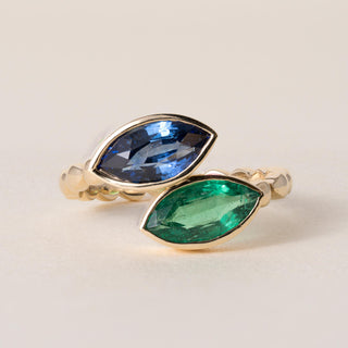 18K Gold 1.55 Carat Sapphire and 0.98 Carat Emerald Toi et Moi Marquise Ring