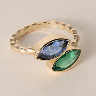 18K Gold 1.55 Carat Sapphire and 0.98 Carat Emerald Toi et Moi Marquise Ring
