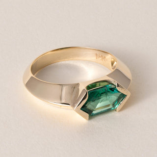 18K Gold 0.96 Carat Emerald Lozenge Cut Half Bezel Ring