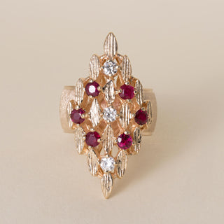 Vintage 14K Gold 1 Carat Ruby and Diamond Brutalist Navette Cock Ring