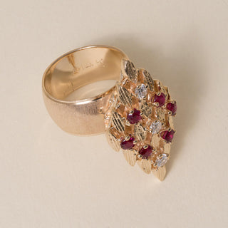 Vintage 14K Gold 1 Carat Ruby and Diamond Brutalist Navette Cock Ring