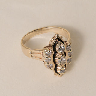 Vintage 14K Gold Diamond and Black Enamel Navette Ring