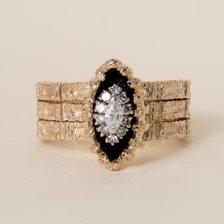 Vintage 14K Gold Marquise Diamond Black Enamel Chunky Navette Ring