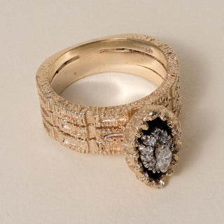 Vintage 14K Gold Marquise Diamond Black Enamel Chunky Navette Ring