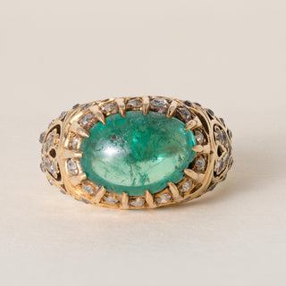Vintage 18K Gold 3 Carat Colombian Emerald Cabochon and Diamond Ring